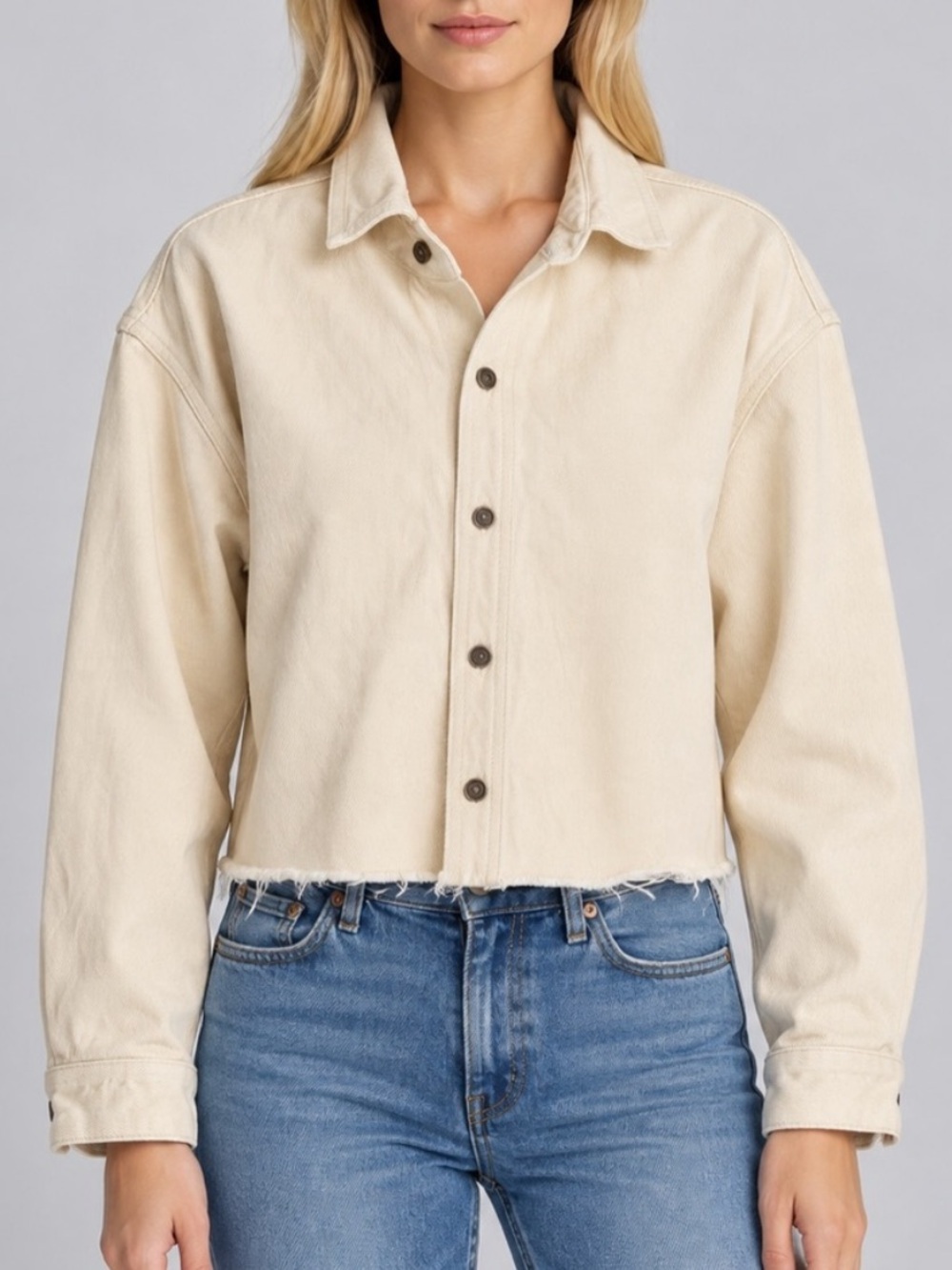 rag & bone Cream Ecru Cropped Raw Hem Denim Jacket Small 57349